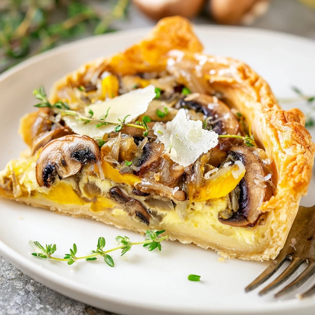 A slice of Savory Mushroom and Onion Tart reveals creamy egg custard, deeply caramelized onions, and tender cremini mushrooms inside flaky pastry. 