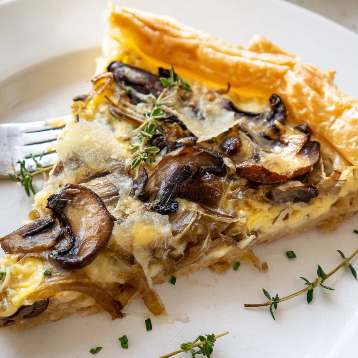 Freshly baked Savory Mushroom and Onion Tart rests golden-brown on a wooden board, featuring a rustic cracked crust and visible thyme garnish. 