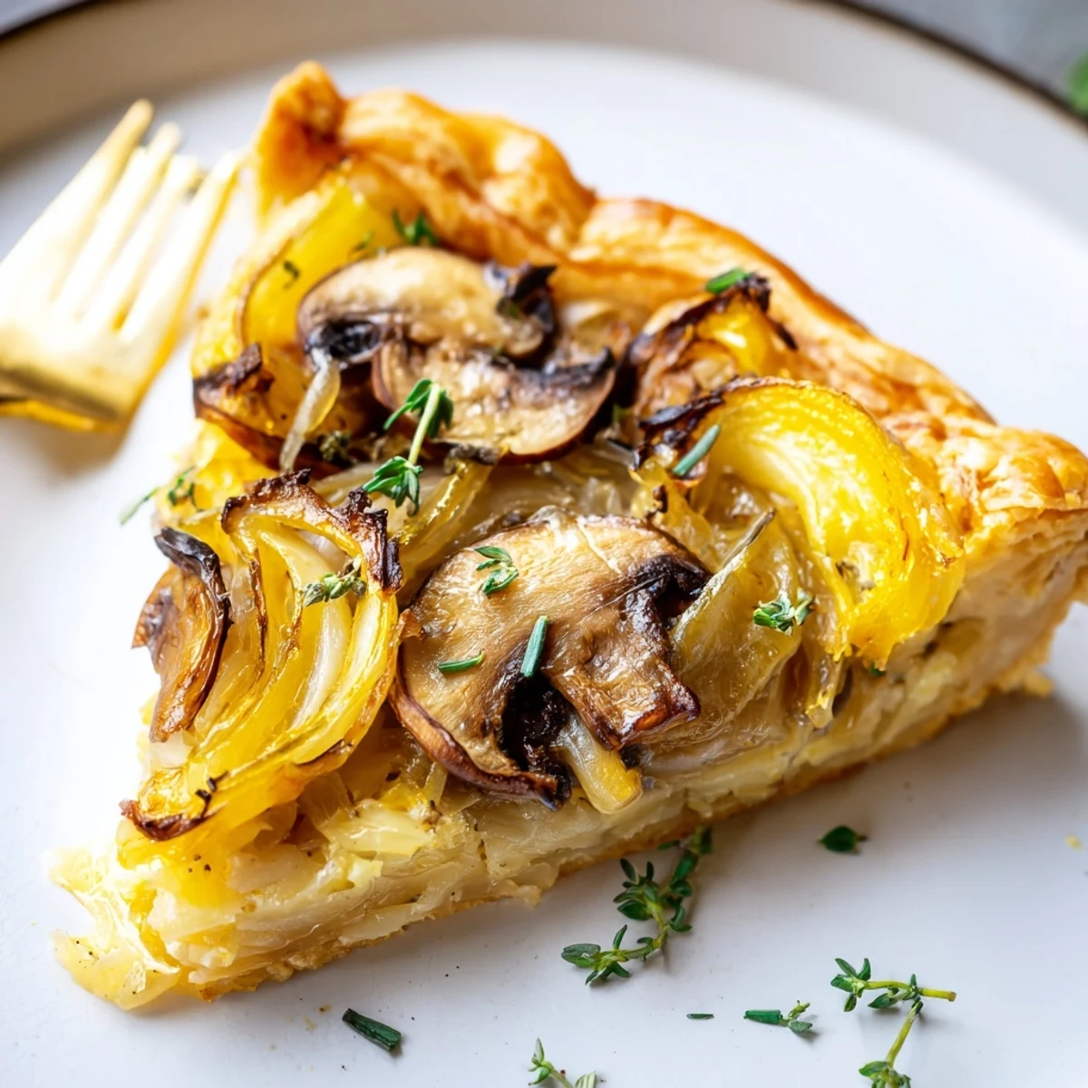 Close-up of Savory Mushroom and Onion Tart filling highlights rich Gruyère cheese, sautéed vegetables, and fresh chives atop a crisp, buttery crust.