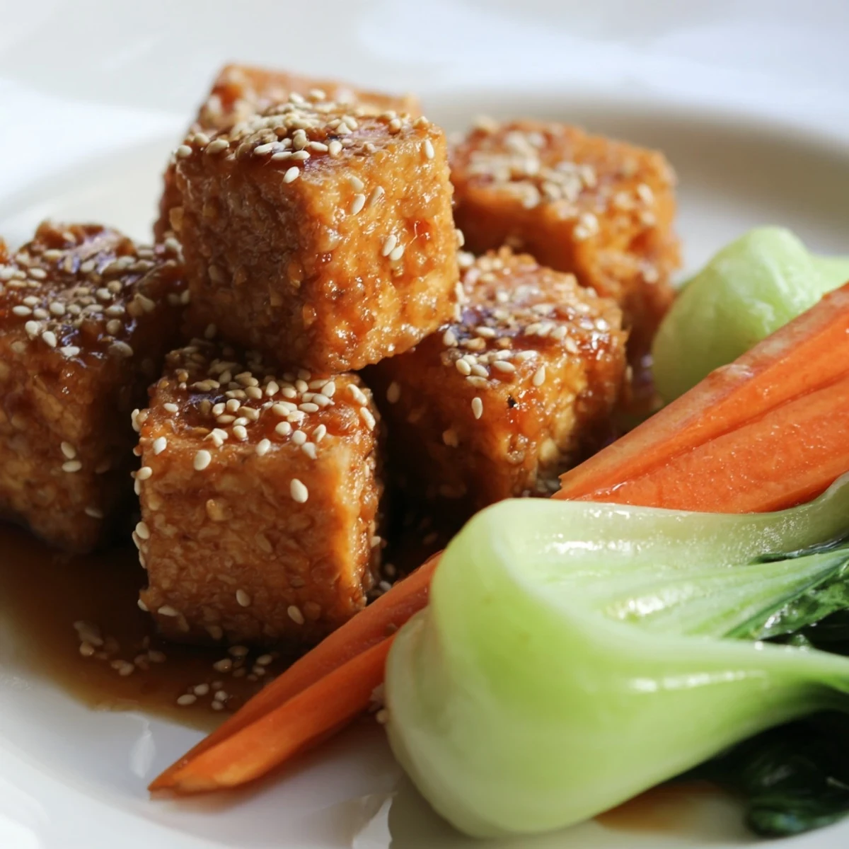 Golden crispy tofu cubes and vibrant bok choy in a glossy garlic ginger sauce. 