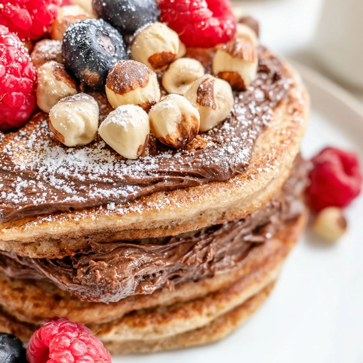 Fluffy Chocolate Hazelnut Spread Pancakes stacked high with creamy filling and topped with fresh berries.