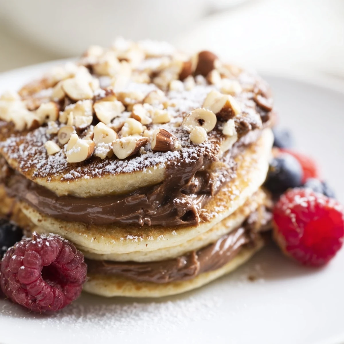 Warm Chocolate Hazelnut Spread Pancakes on a plate dusted with powdered sugar and chopped hazelnuts.