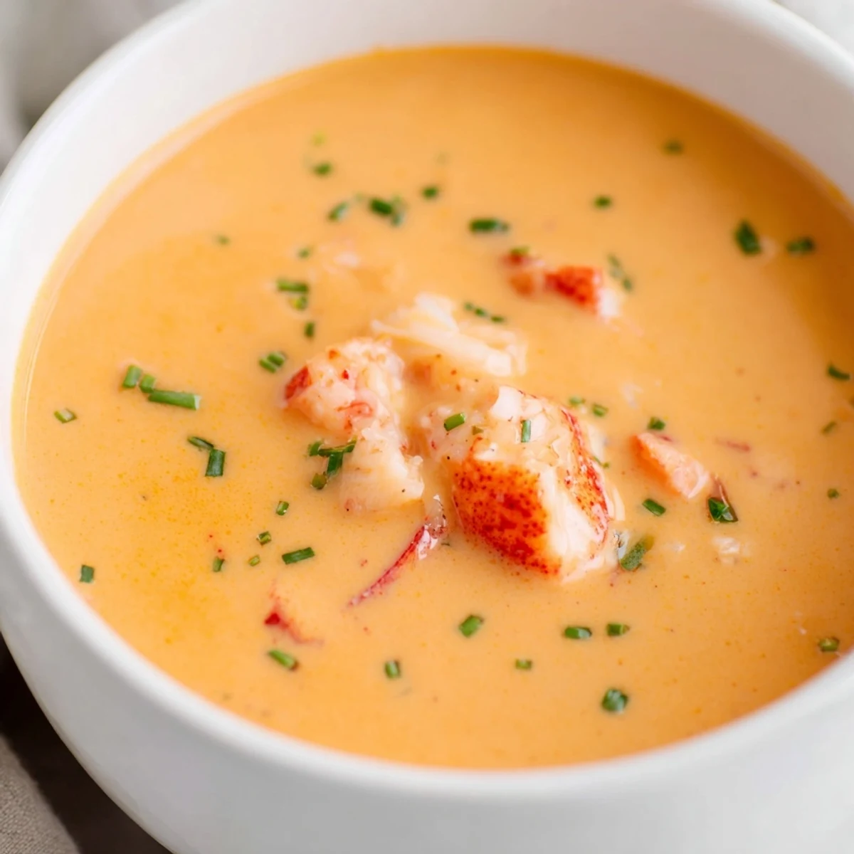 Creamy Lobster Bisque in a white bowl, garnished with fresh chives, lobster chunks, and lemon wedges for a bright pop of color.