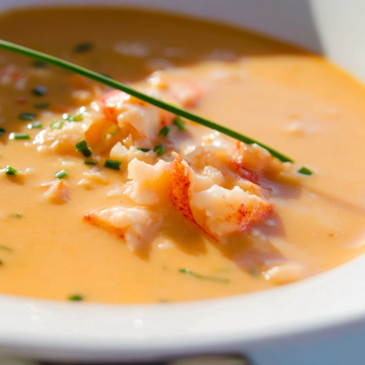 Rich and velvety Creamy Lobster Bisque served with crusty bread, perfect for an elegant dinner party appetizer or main course.