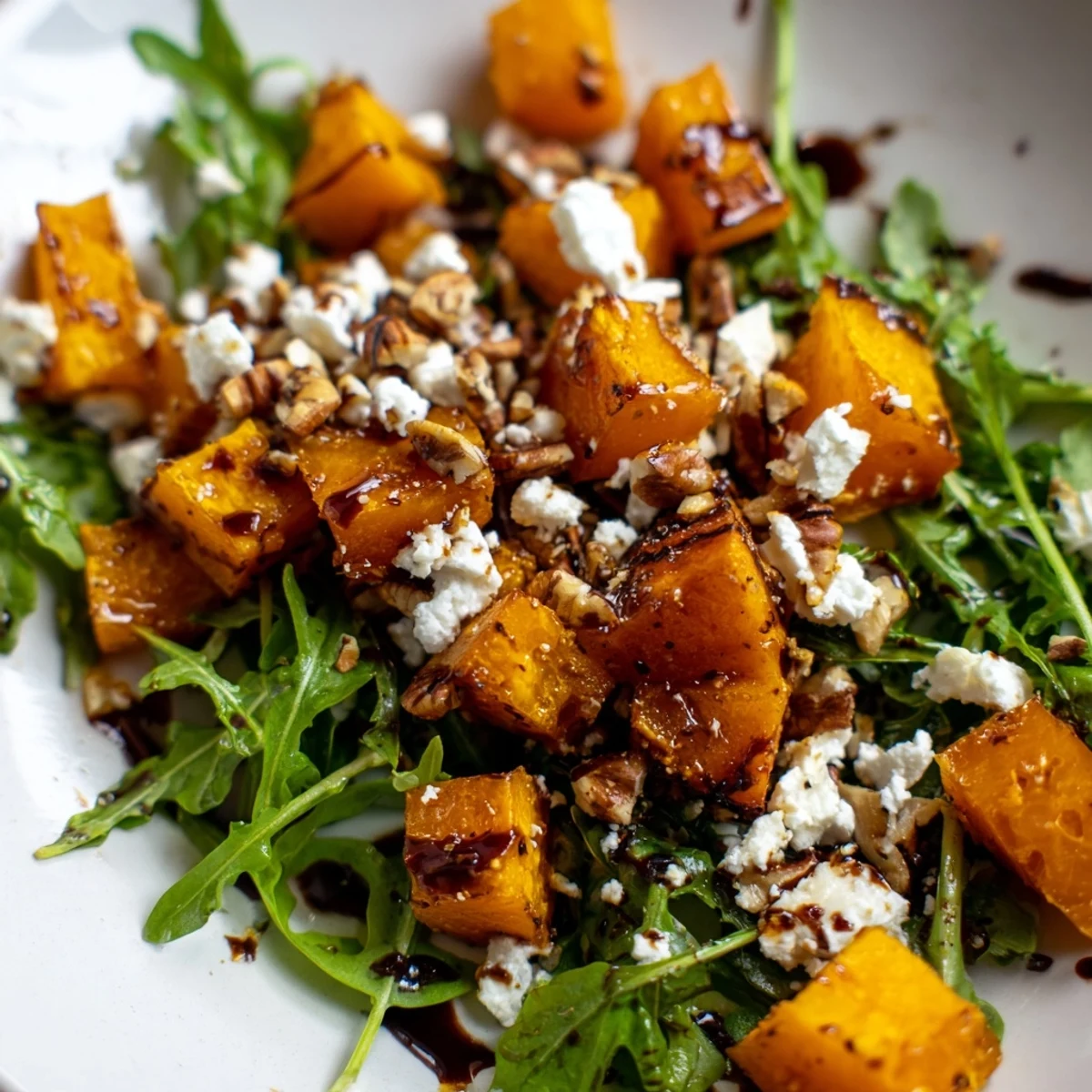 Golden roasted butternut squash salad with peppery arugula, crumbled goat cheese, and toasted pecans.