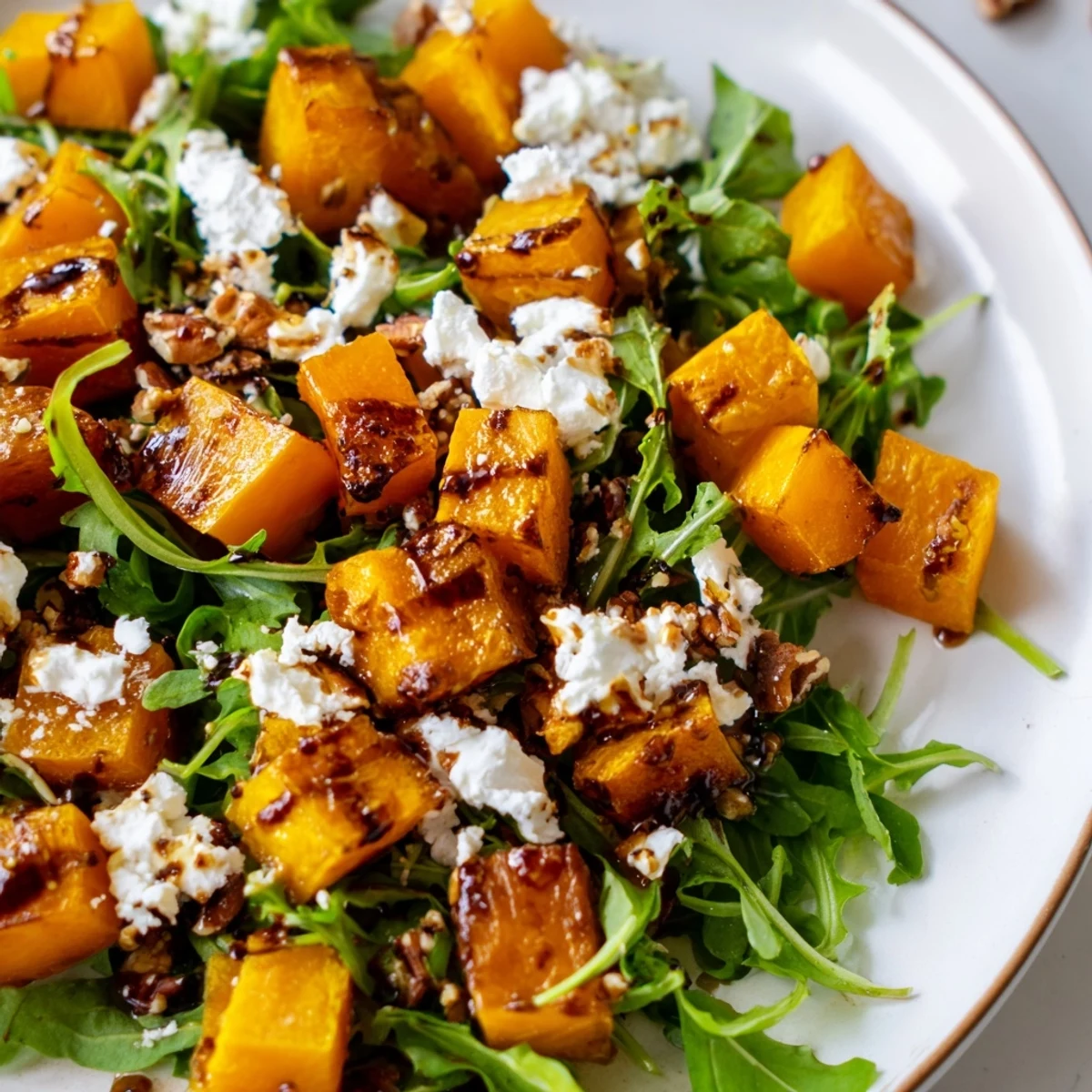 Close-up of warm butternut squash cubes mixed with arugula, goat cheese, and chopped pecans.