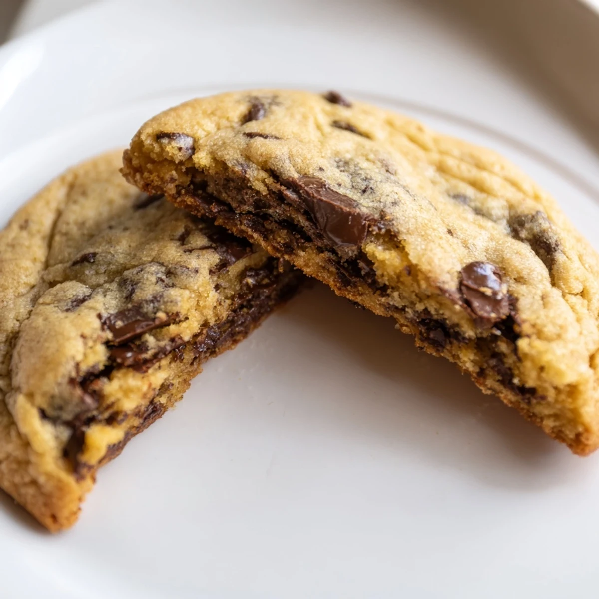Freshly baked Chocolate Chip Cookies with Milk, golden edges and melty chocolate chips beside a frosty glass.