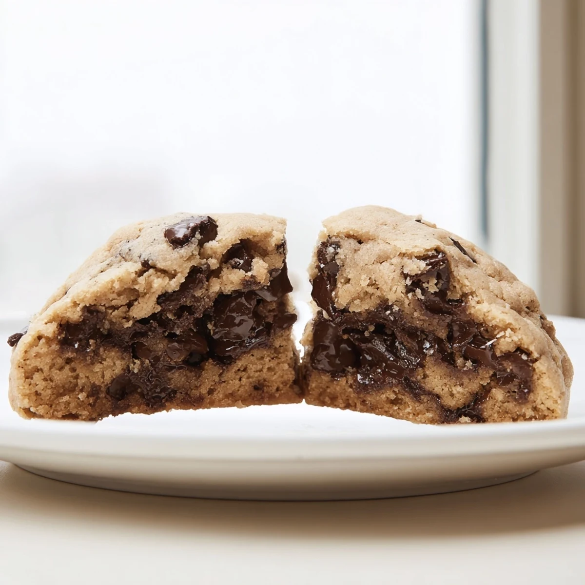Two warm Chocolate Chip Cookies with Milk on a white plate, ready to dunk into cold creamy milk.