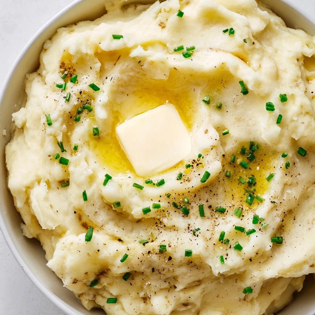 Creamy Garlic Mashed Potatoes topped with melting butter and fresh chives, served alongside roasted chicken for a comforting meal.