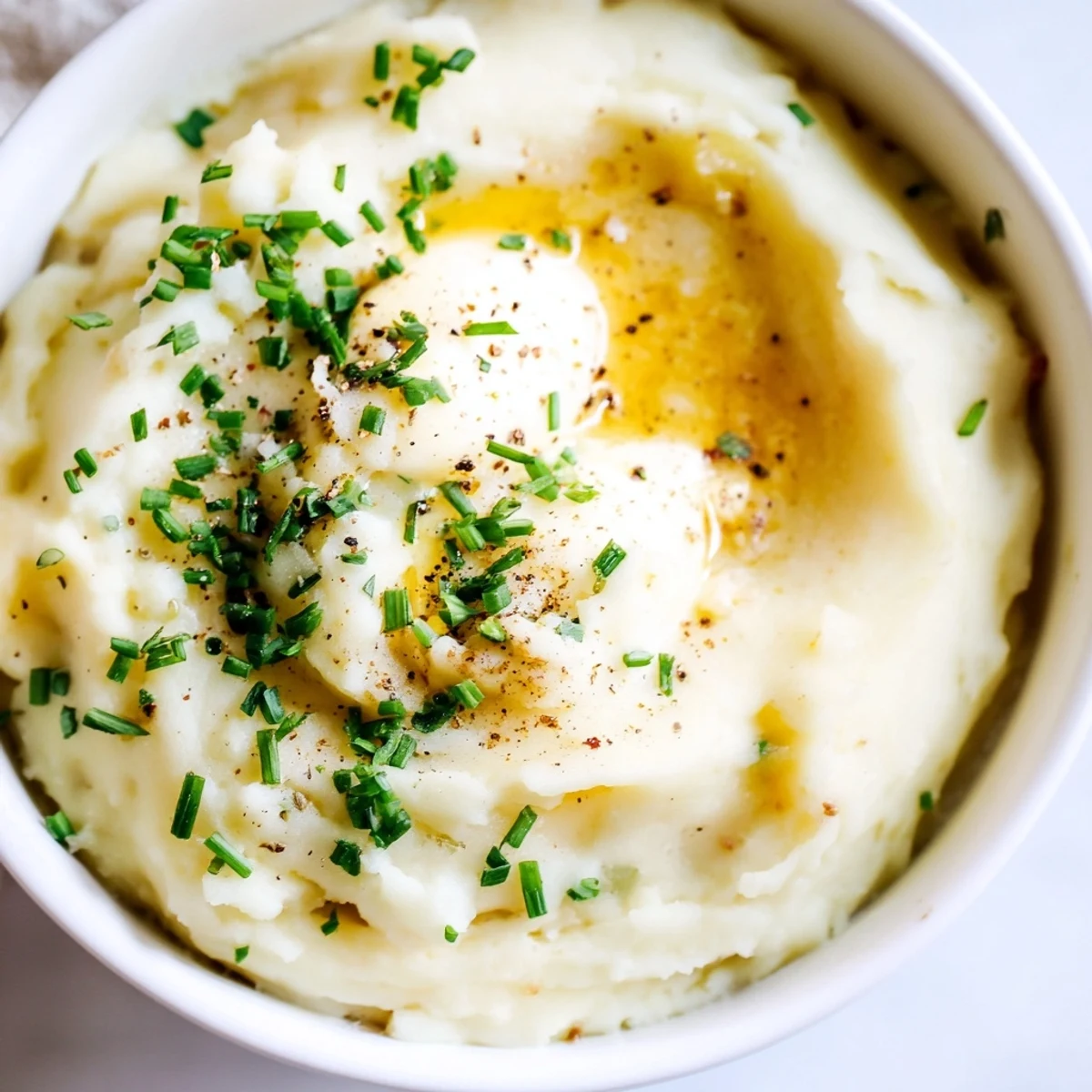 Golden mashed potatoes infused with garlic, garnished with herbs and butter, a classic American side for holiday dinners.