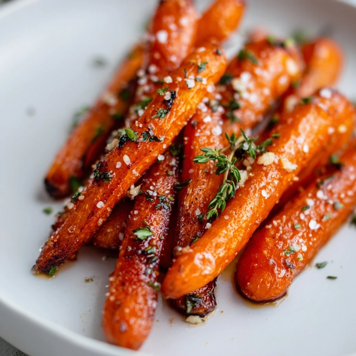 Freshly-baked Herb Roasted Carrots with Honey served warm on a ceramic platter with parsley.