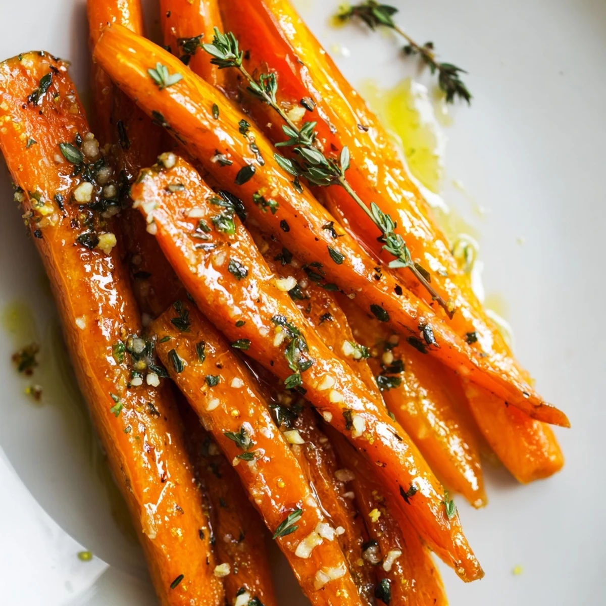 Closely-up image of glossy Herb Roasted Carrots with Honey, glistening from a maple syrup glaze.