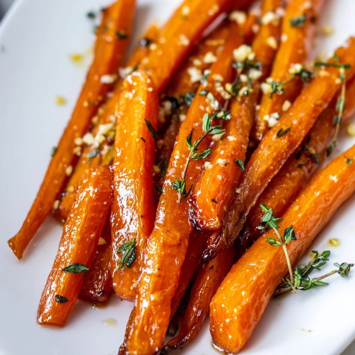 Golden-brown Herb Roasted Carrots with Honey, tossed with thyme and garlic on a baking sheet.