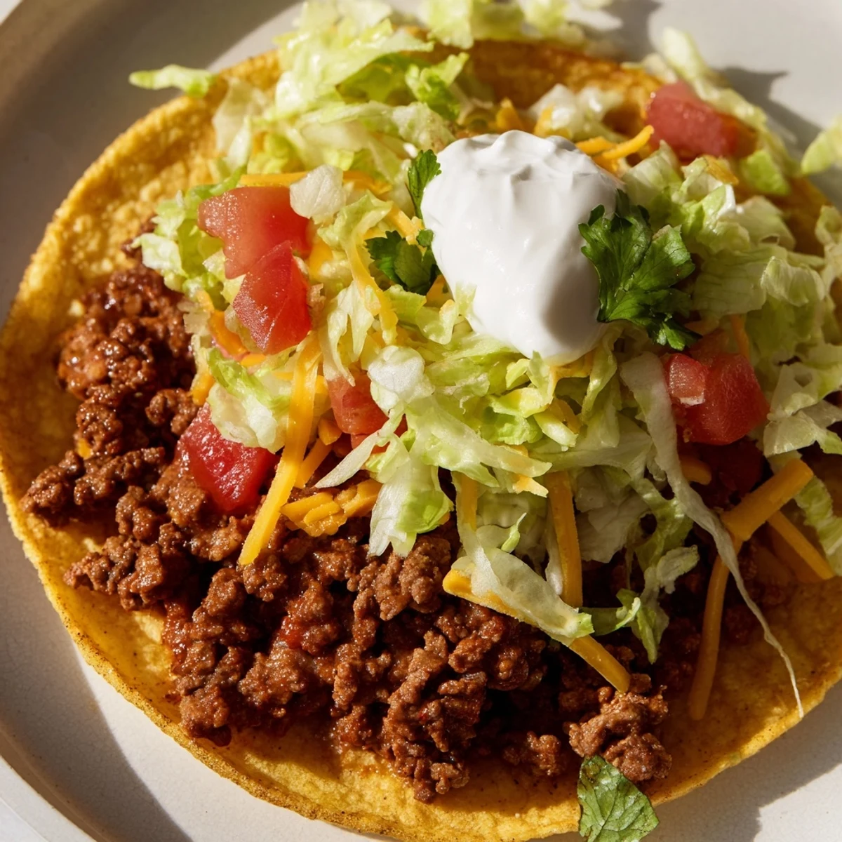 A fully assembled Beef Tacos with Lettuce and Tomato sits on a plate with a side of lime wedges and sour cream.