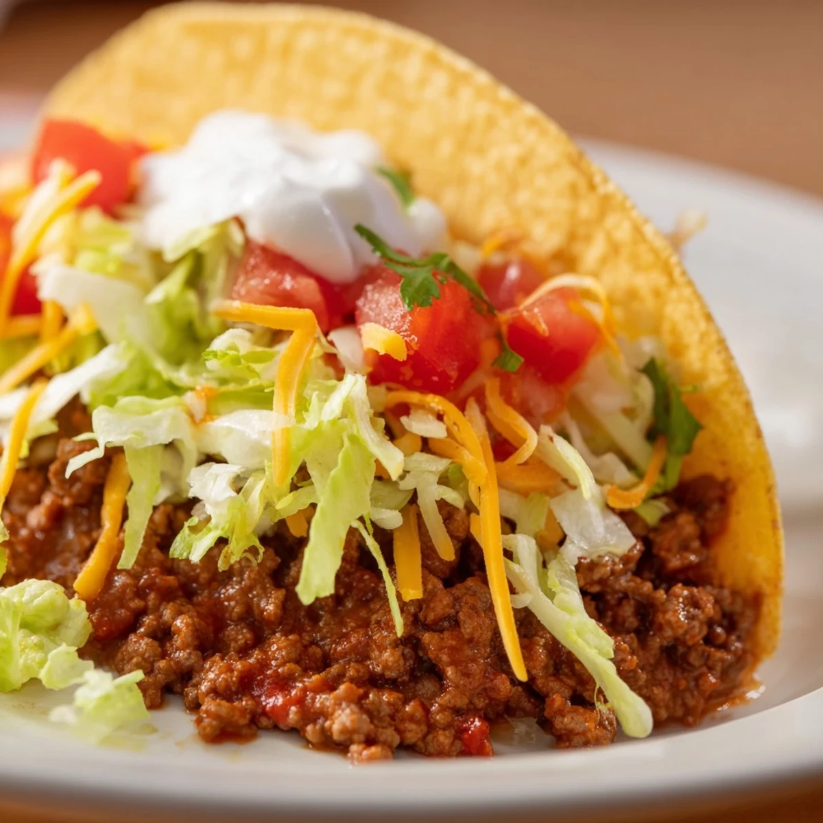 Golden beef filling simmers in a skillet with spices, ready for crunchy hard shell Beef Tacos with Lettuce and Tomato.