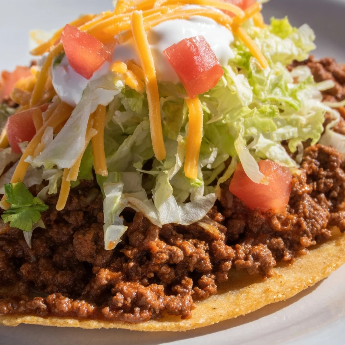 Close-up of a soft tortilla Beef Tacos with Lettuce and Tomato revealing melted cheddar cheese, crisp lettuce, and fresh diced tomato.