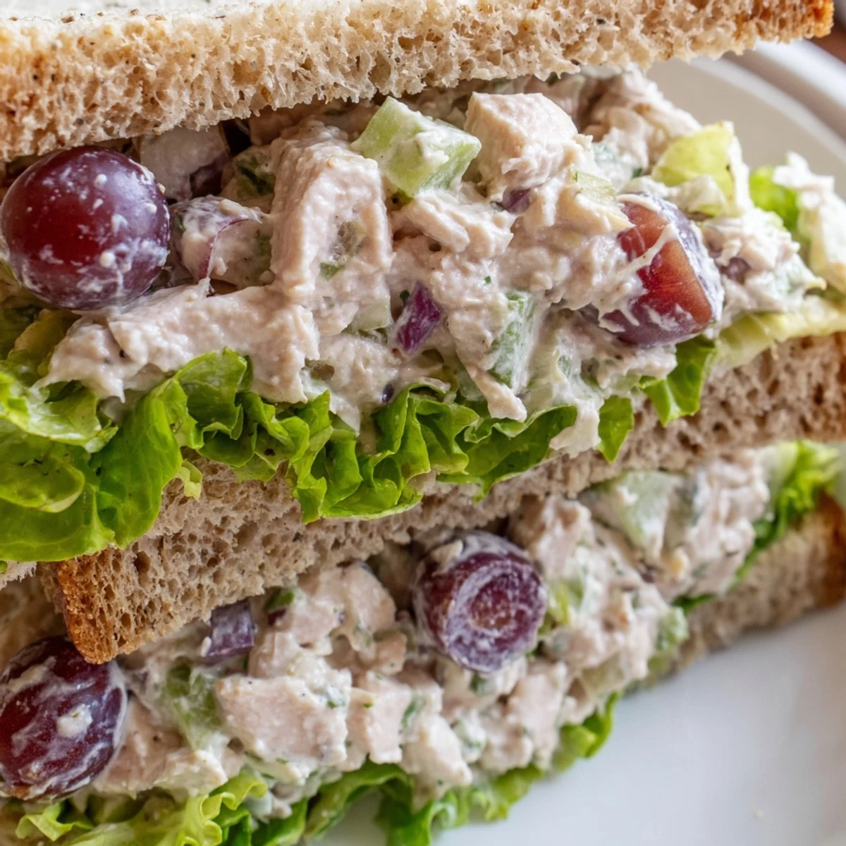 Gourmet Chicken Salad Sandwich with Grapes and crisp celery on whole wheat bread, ready for a refreshing picnic lunch.