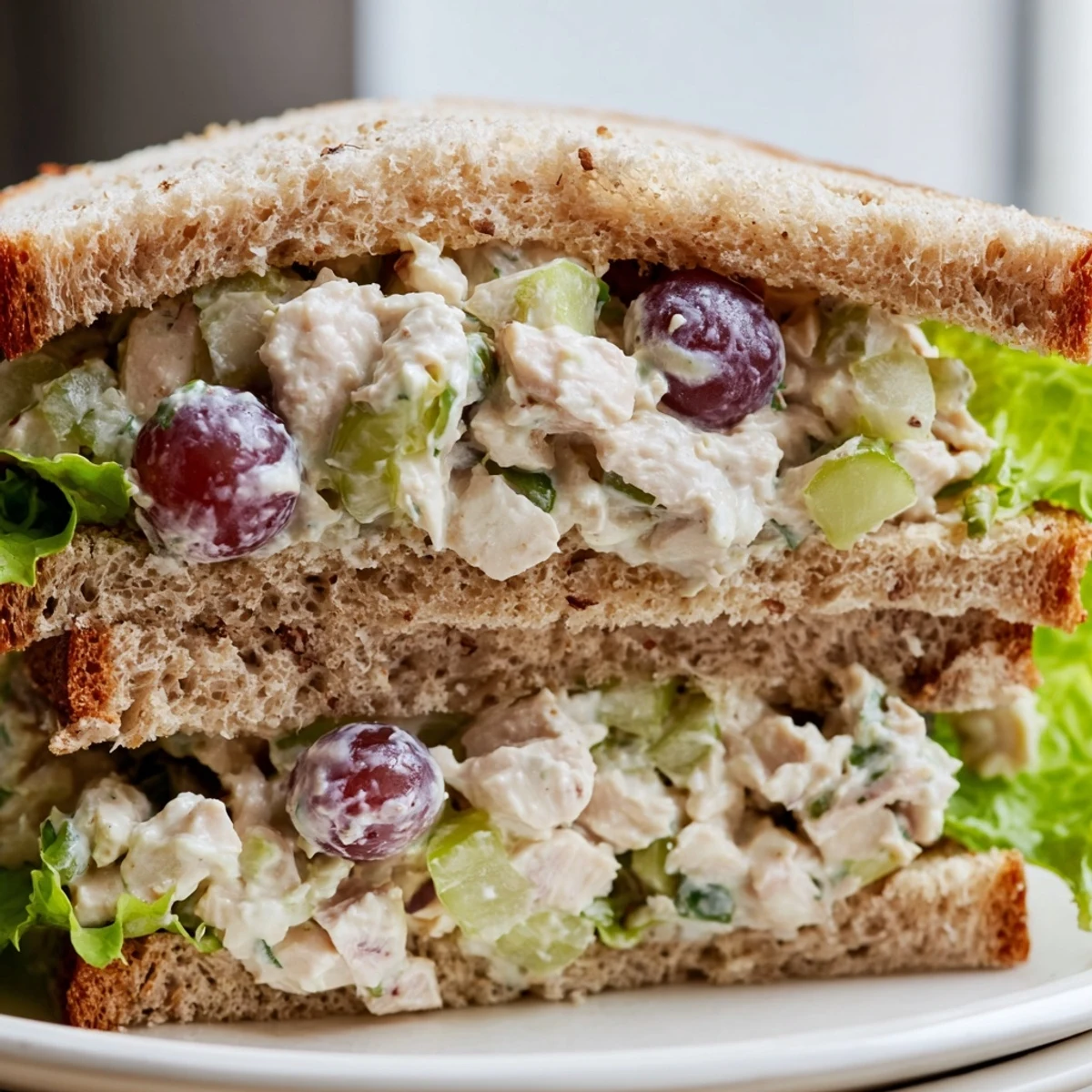 Sliced open Chicken Salad Sandwich with Grapes revealing creamy dressing, tender chicken, and sweet red grapes on a plate.