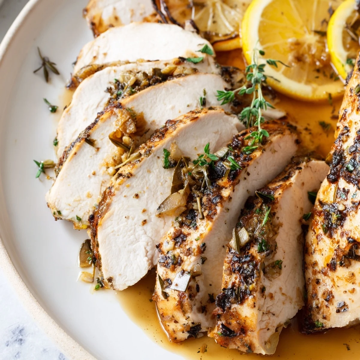 Golden-brown Lemon Herb Roasted Turkey Breast resting on sliced lemons and onions with fresh herbs scattered nearby.
