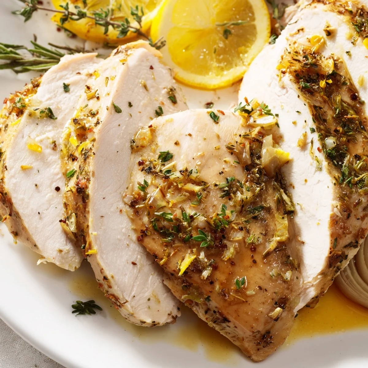 A juicy, roasted Lemon Herb Roasted Turkey Breast sliced and served on a platter with pan juices and parsley garnish.