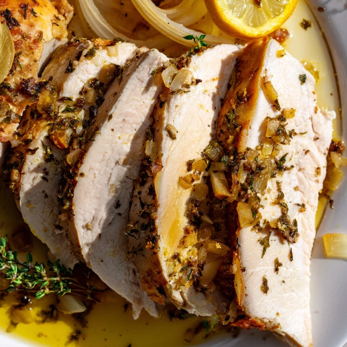 Freshly carved slices of Lemon Herb Roasted Turkey Breast revealing tender meat with a crispy herb-crusted skin.