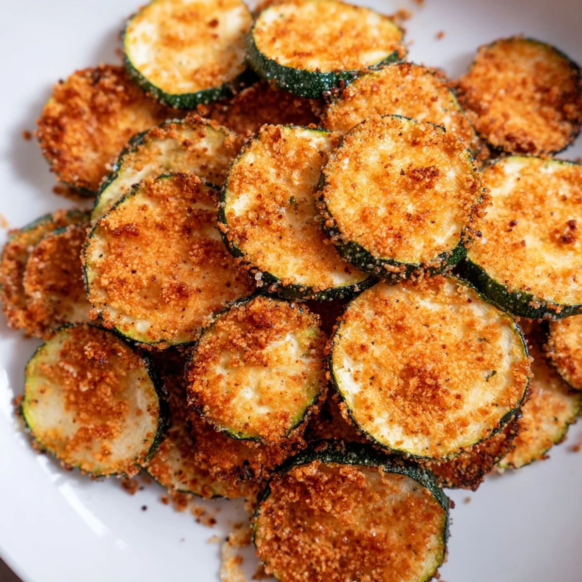 Golden-brown Crispy Air Fryer Zucchini Chips piled high on a white plate, served with a small bowl of creamy ranch dip and fresh lemon wedges for squeezing.
