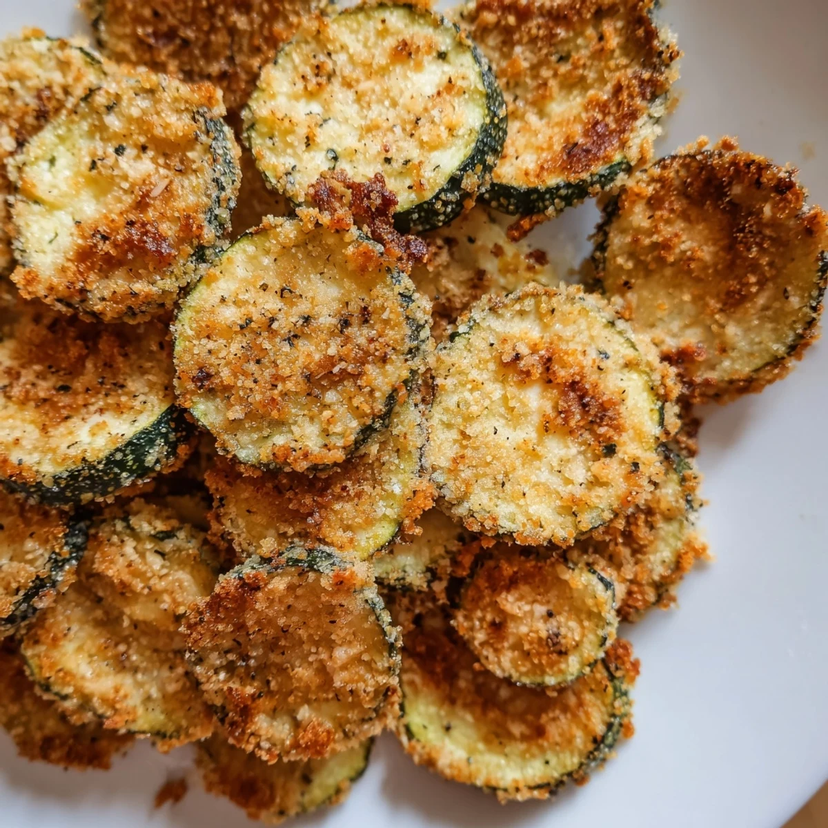 Close-up of freshly cooked Crispy Air Fryer Zucchini Chips showing golden, crunchy breading and tender zucchini slices inside the air fryer basket.