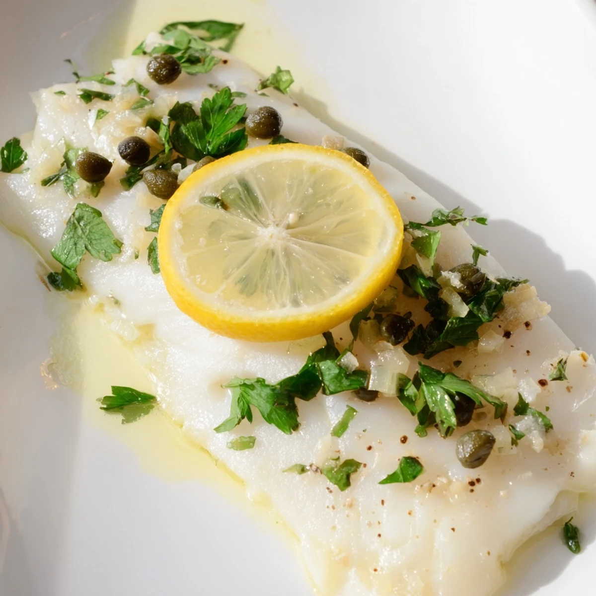 Fork-tender Baked Cod with Lemon and Capers glistens under a golden crust, with fresh parsley garnish.