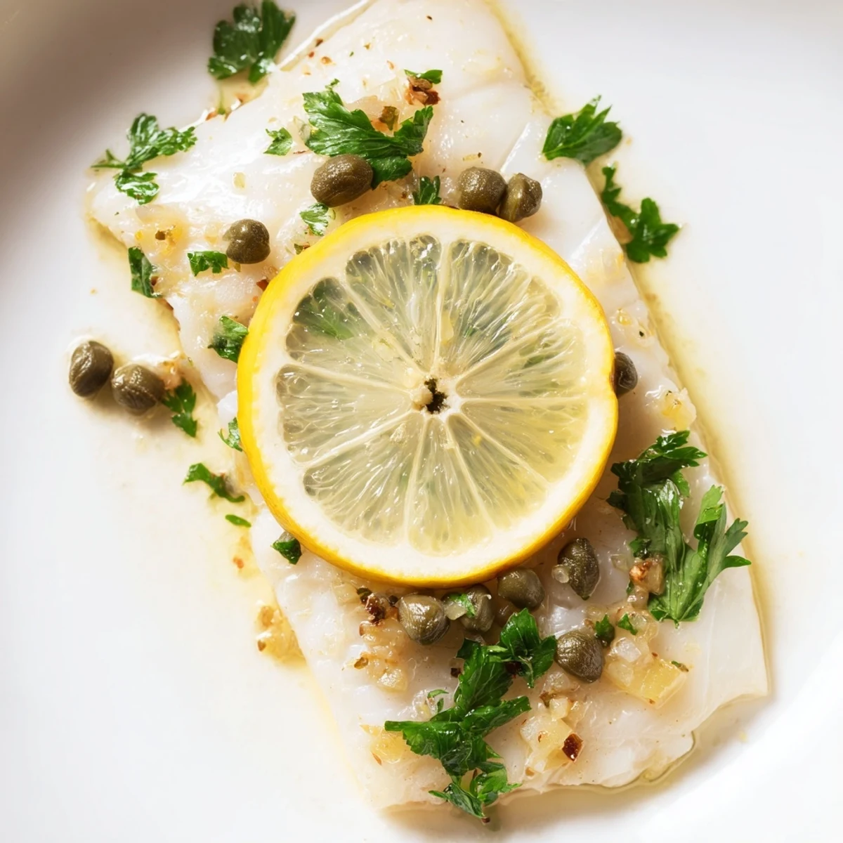 Baked Cod with Lemon and Capers on a white plate, served with roasted potatoes and steamed broccoli.