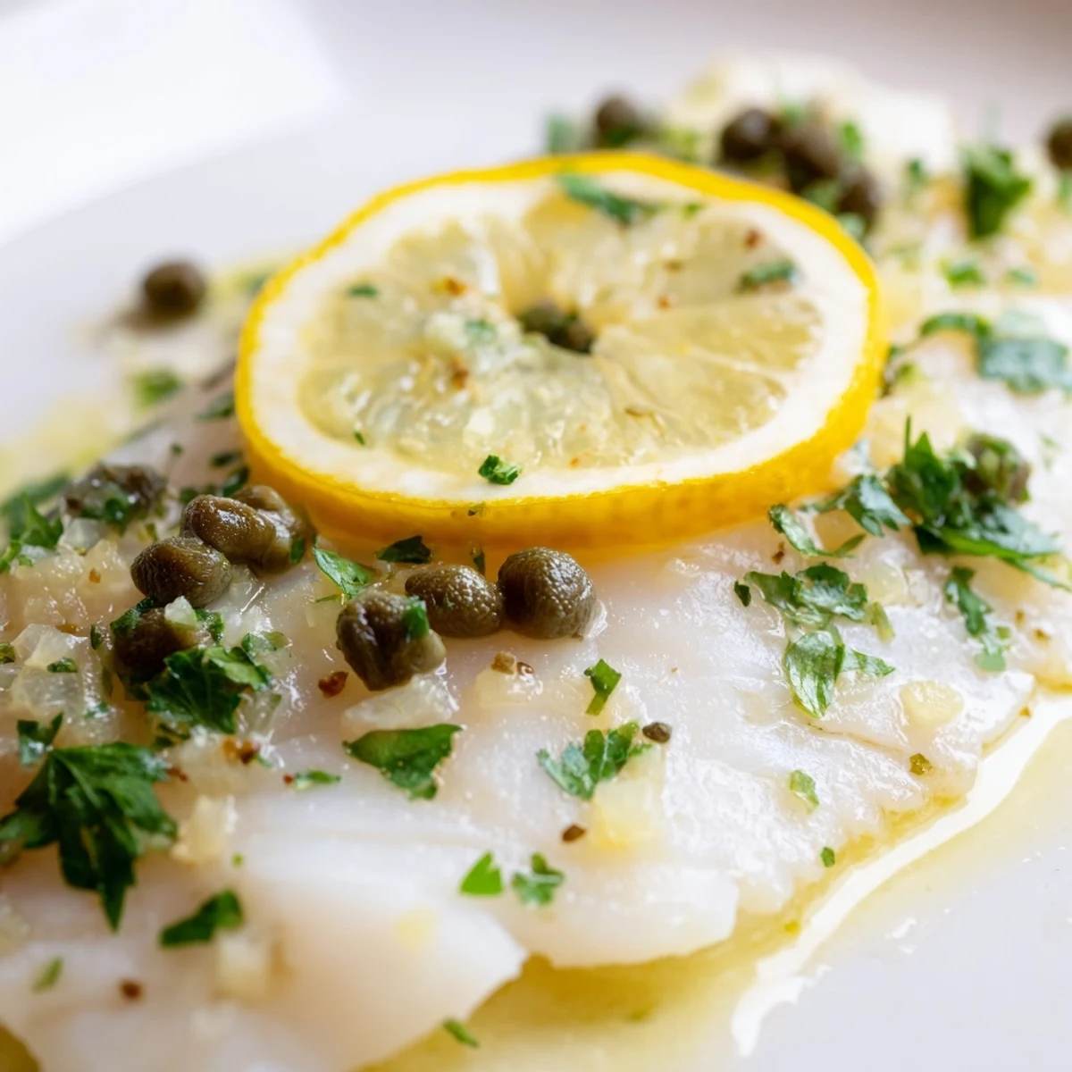 Flaky, oven-baked fillets of Baked Cod with Lemon and Capers topped with briny capers and lemon slices.