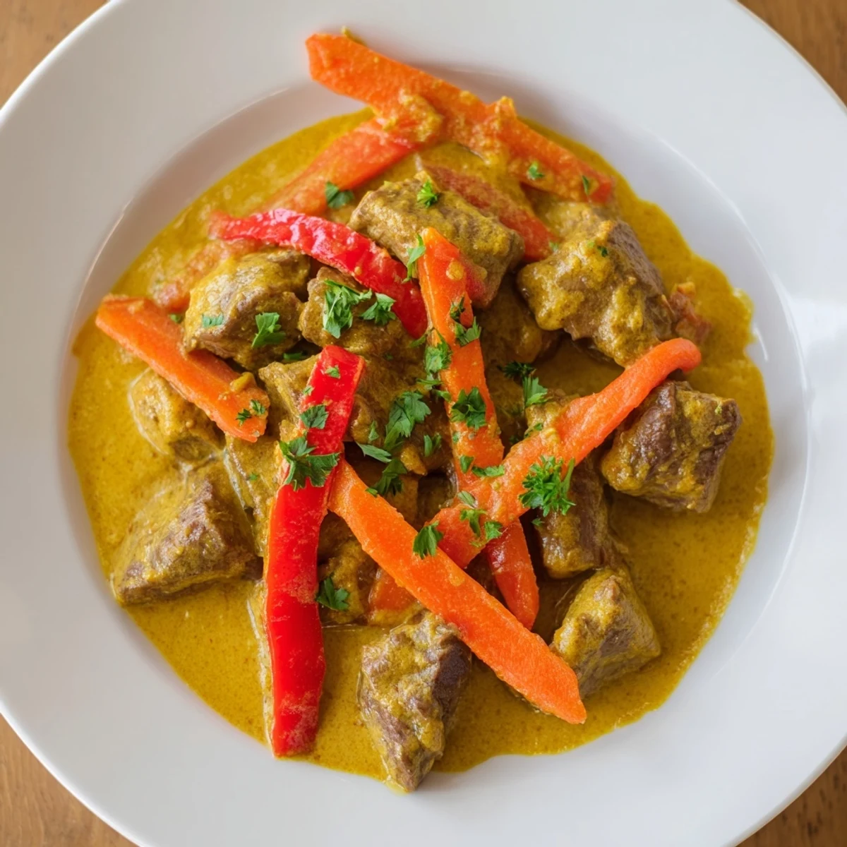 A richly spiced Slow Cooker Beef Curry with Coconut Milk, garnished with fresh cilantro in a rustic bowl.