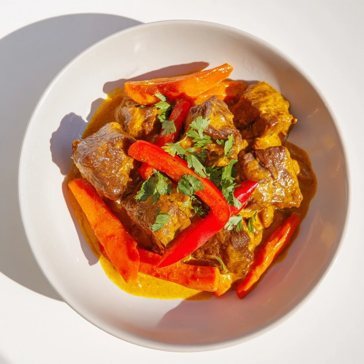 Golden-brown beef cubes in a vibrant Slow Cooker Beef Curry with Coconut Milk, featuring tender carrots and bell peppers.