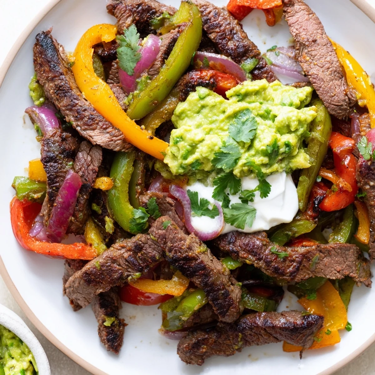 Sizzling Beef Fajitas with Peppers and Onions served sizzling hot on a plate with warm flour tortillas, lime wedges, and fresh cilantro.
