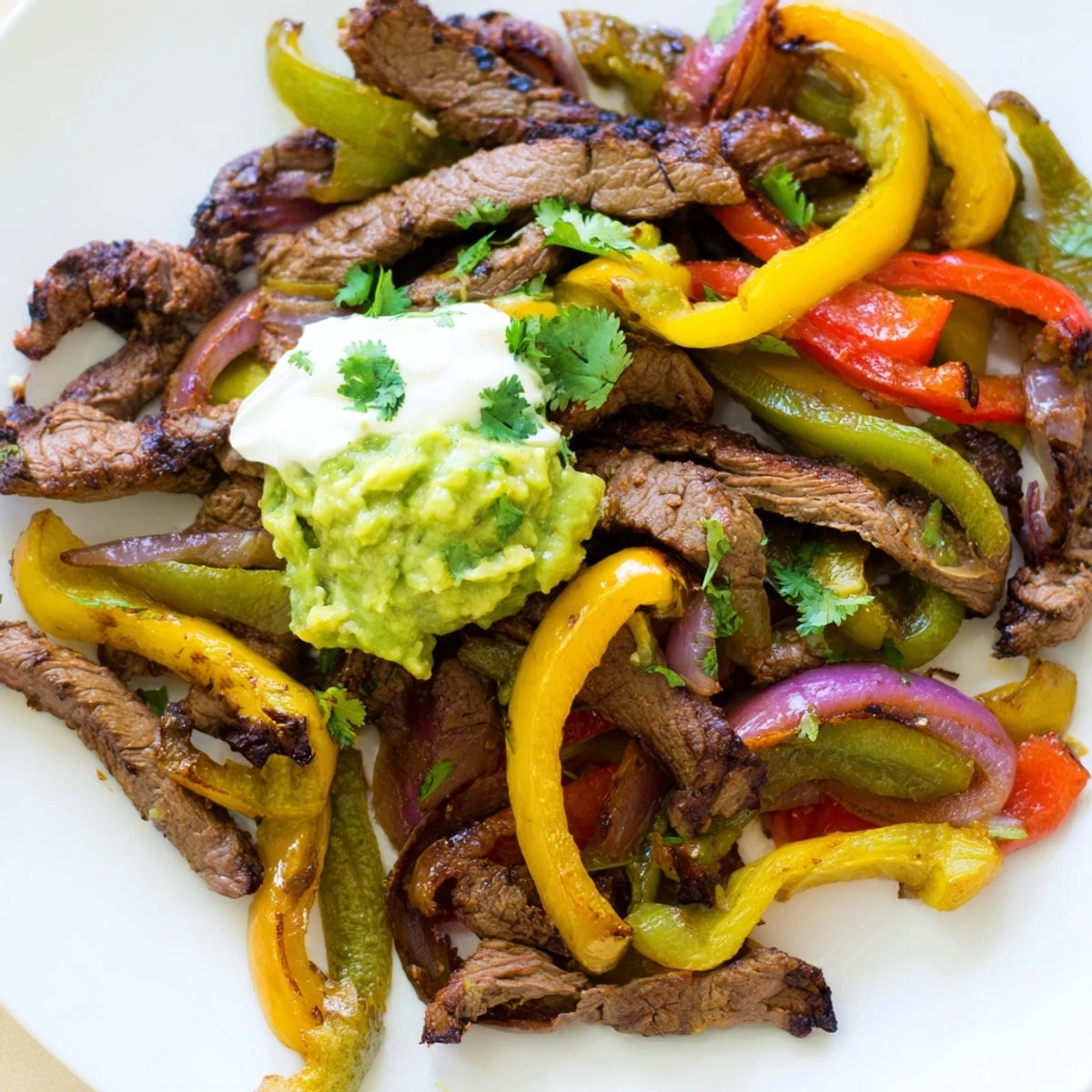 Freshly prepared Beef Fajitas with Peppers and Onions topped with sour cream and guacamole, ideal for a quick weeknight family dinner.