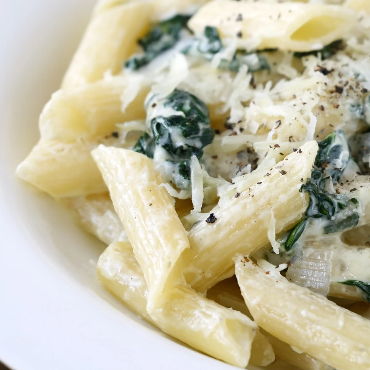 Overhead view of Creamy Spinach Pasta with Garlic, twirled on a fork with wilted spinach and garlic visible.