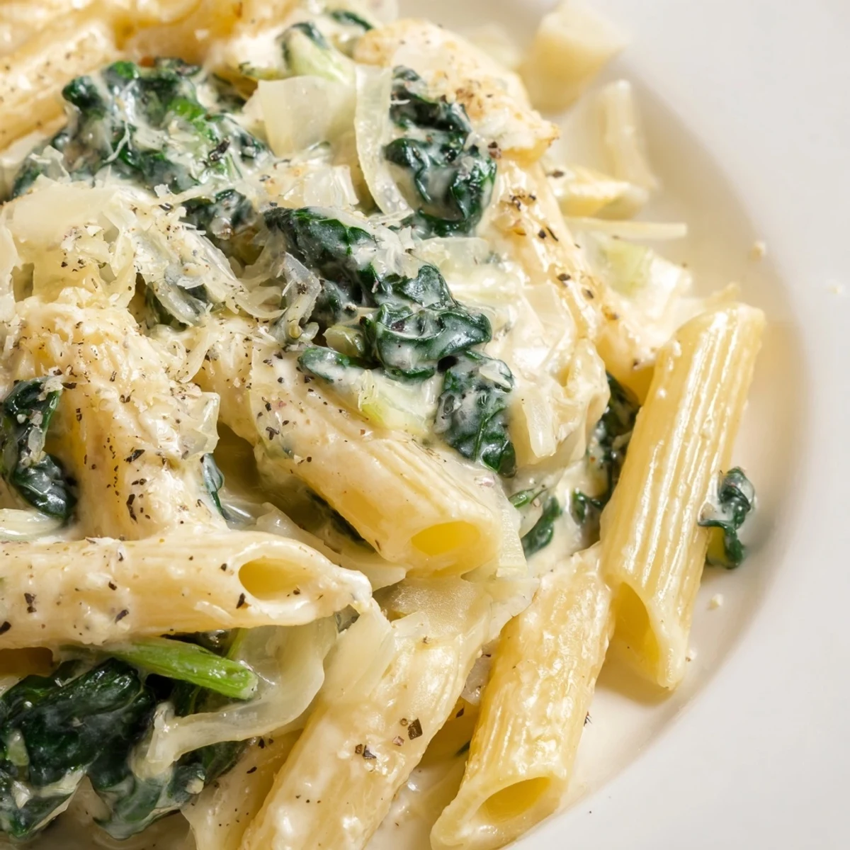 Creamy Spinach Pasta with Garlic plated alongside a glass of white wine on a rustic wooden table.