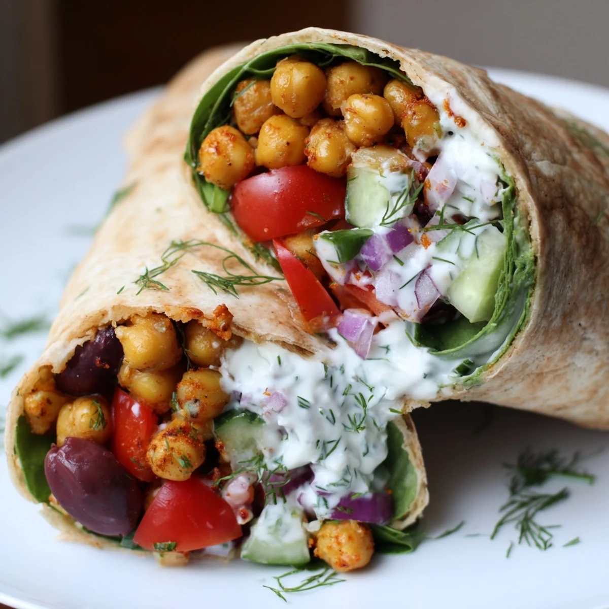 A vibrant Mediterranean Chickpea Wrap cut in half, revealing layers of fresh spinach, red onion, olives, and a tangy dill yogurt drizzle.