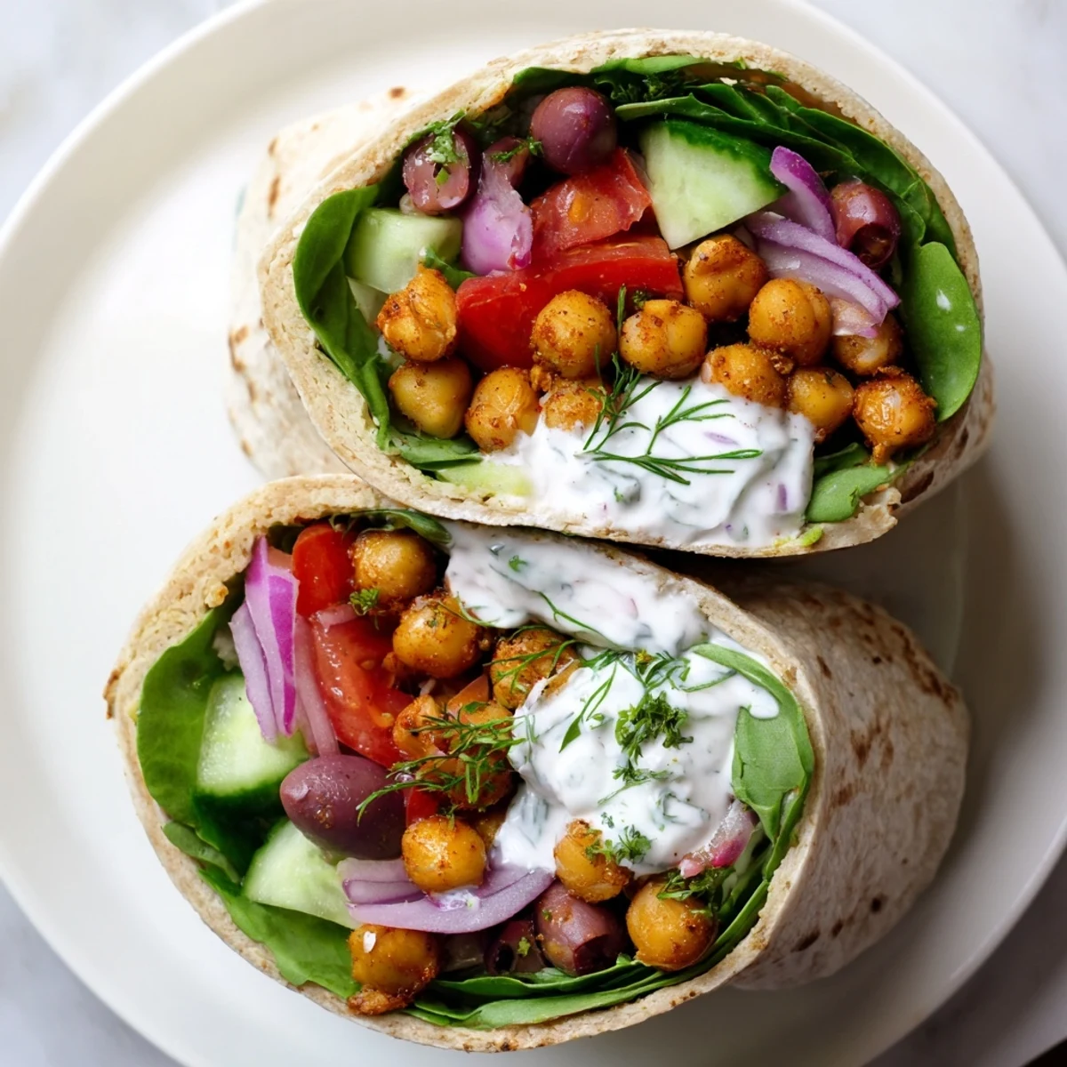 Close-up on a warm Mediterranean Chickpea Wrap, packed with sautéed chickpeas, vibrant veggies, and herbs, served on a wooden cutting board.
