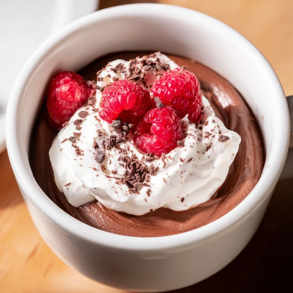 A creamy spoonful of Chocolate Lunch Dessert showing a rich, mousse-like chocolate texture with a fresh berry.
