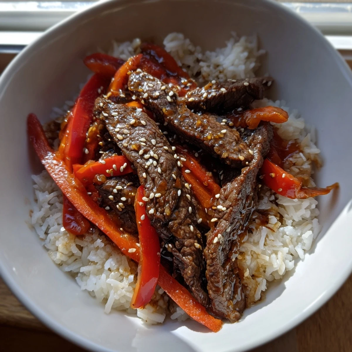 Stir-fried beef and fresh toppings garnish this Beef Lunch Bowl, served hot for lunch.