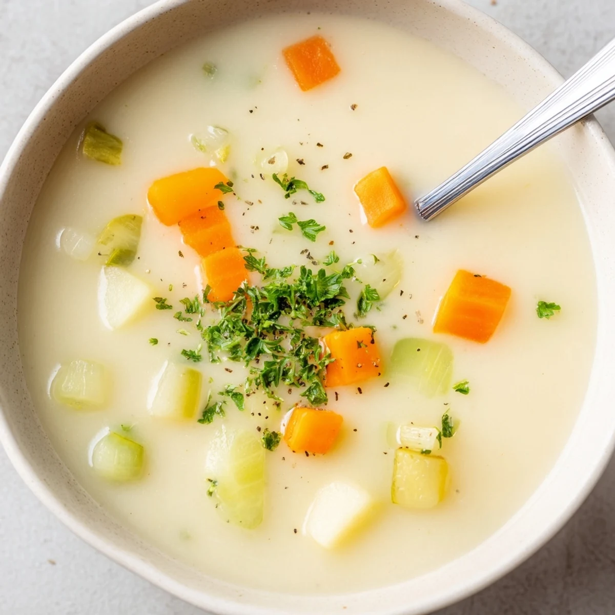 A close-up of Creamy Lunch Soup ladled into a white bowl, garnished with fresh parsley.