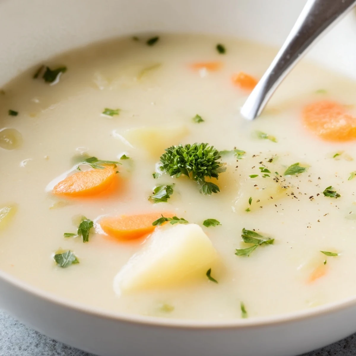 Creamy Lunch Soup with fresh diced vegetables simmering in a large pot before blending.