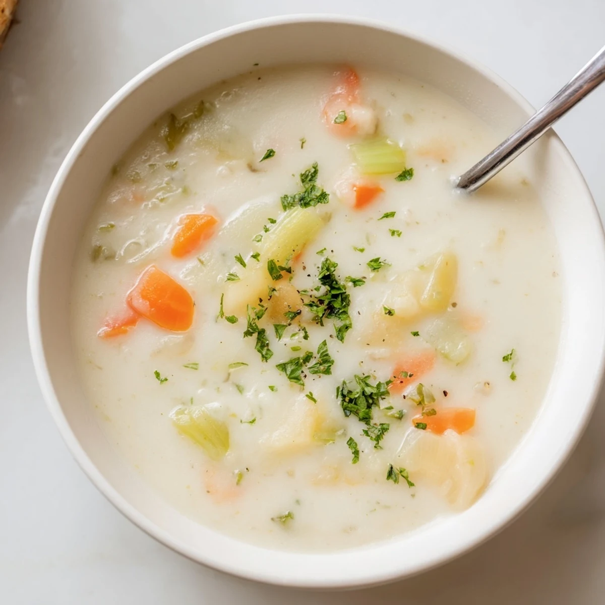 Velvety Creamy Lunch Soup served hot with crusty bread on the side, perfect for lunch.