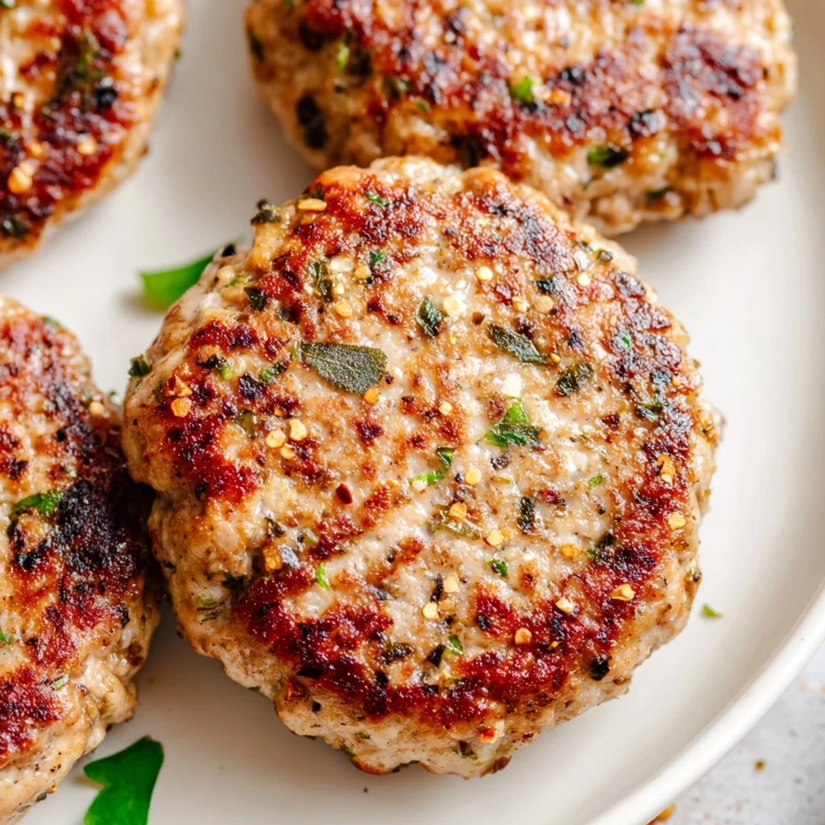 Homemade Chicken Breakfast Sausage patties resting on a wooden cutting board with fresh thyme and garlic garnish.