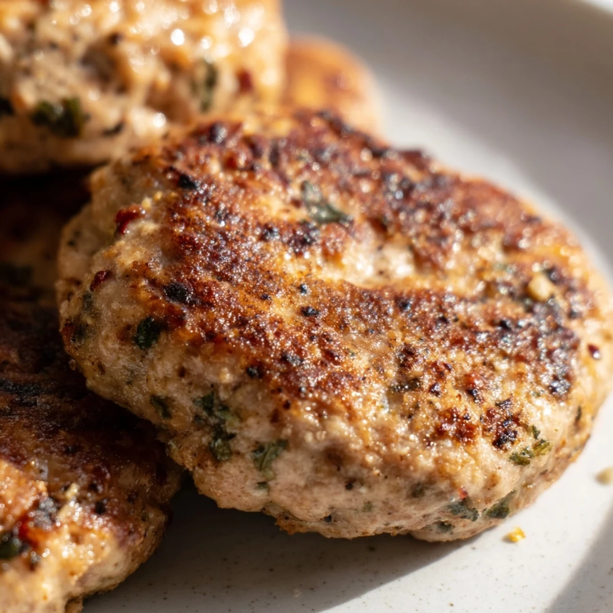 Golden-brown Chicken Breakfast Sausage patties served alongside fluffy scrambled eggs and buttered toast for a hearty meal.
