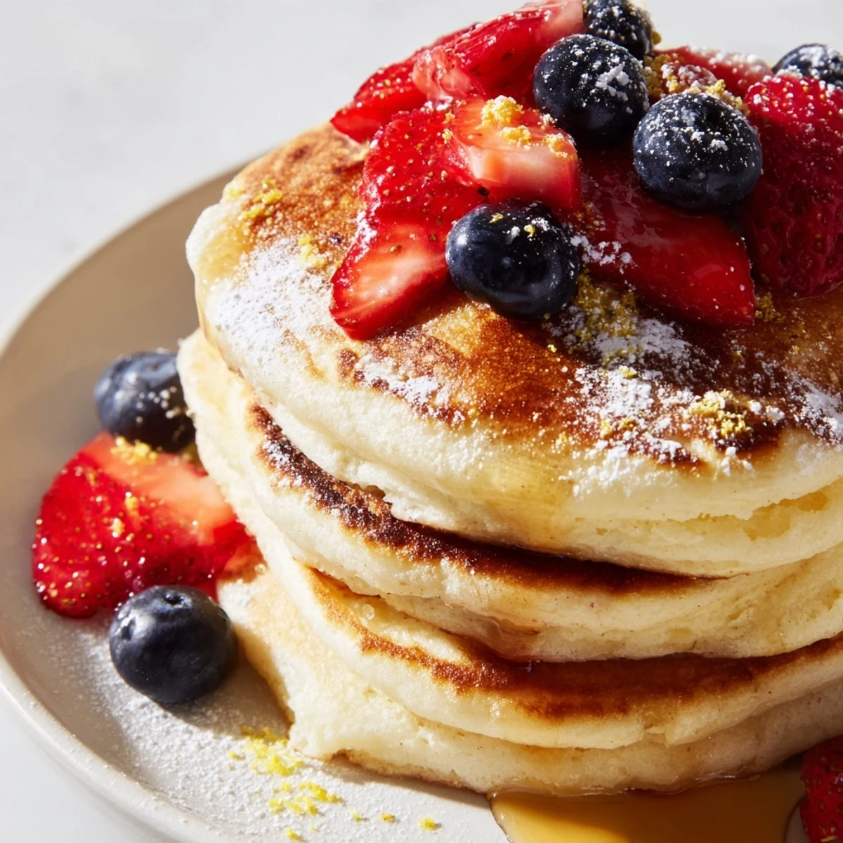 Steaming hot Lemon Breakfast Pancakes cooling on a wire rack, showing fluffy texture and bright yellow lemon zest flecks.