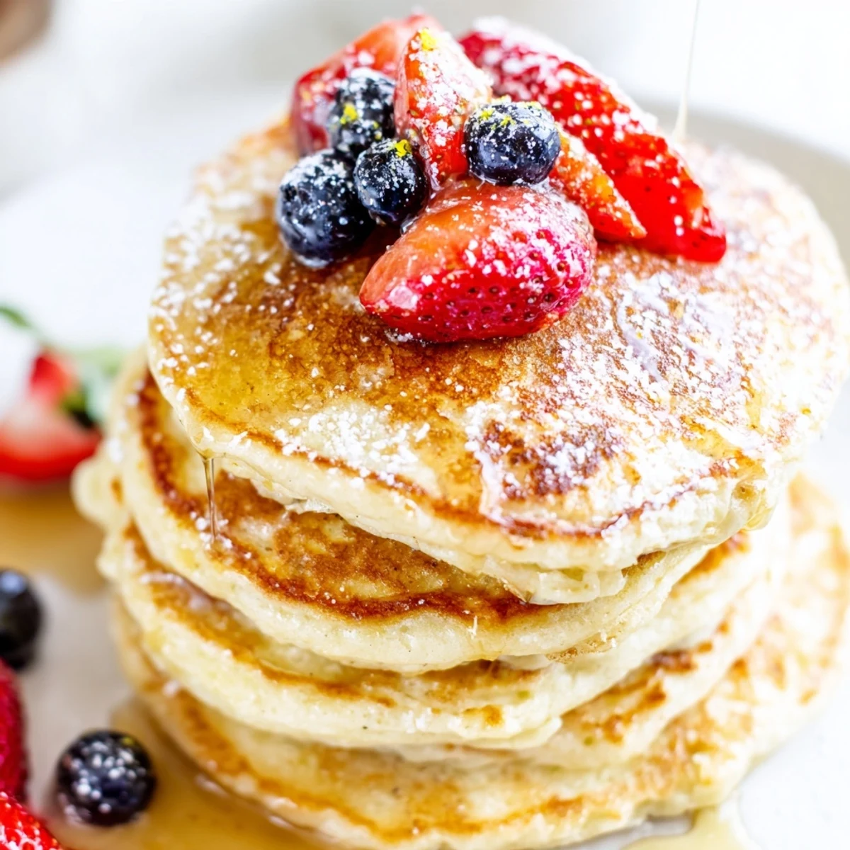 Golden-brown Lemon Breakfast Pancake stacks topped with fresh blueberries, a pat of butter, and a generous drizzle of warm maple syrup.