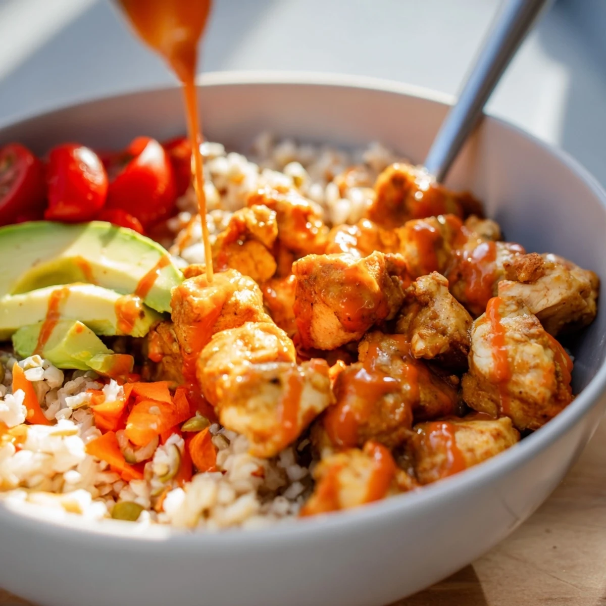 A fully assembled Spicy Lunch Bowl topped with creamy spicy sauce, sesame seeds, and lime wedges.