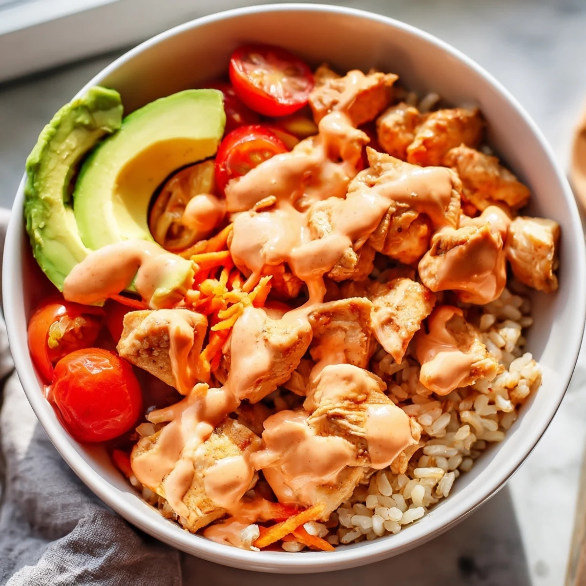 Close-up of tender chicken and crisp vegetables in the Spicy Lunch Bowl, served over fluffy brown rice.