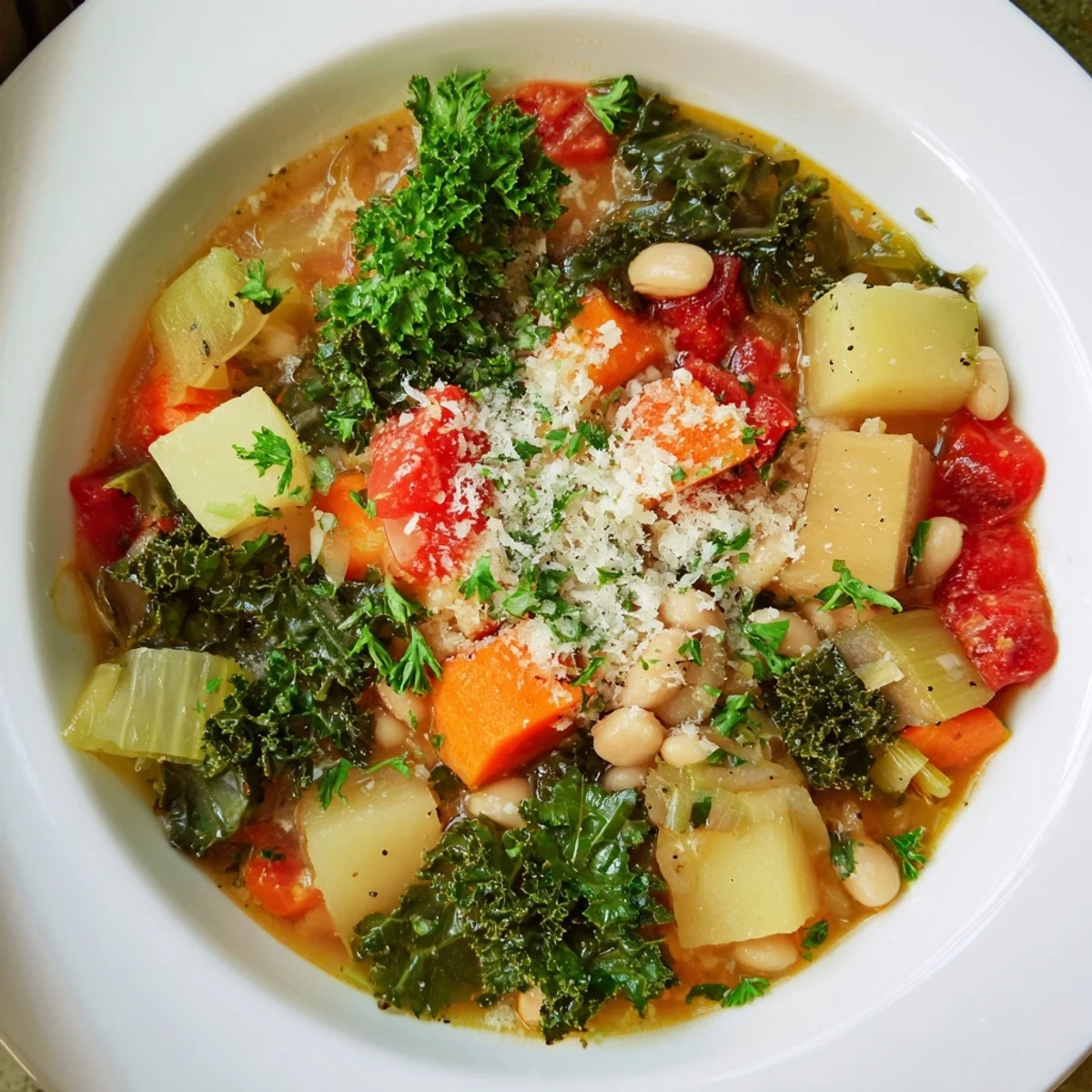 Steaming bowl of Winter Lunch Soup filled with kale, carrots, and creamy white beans.